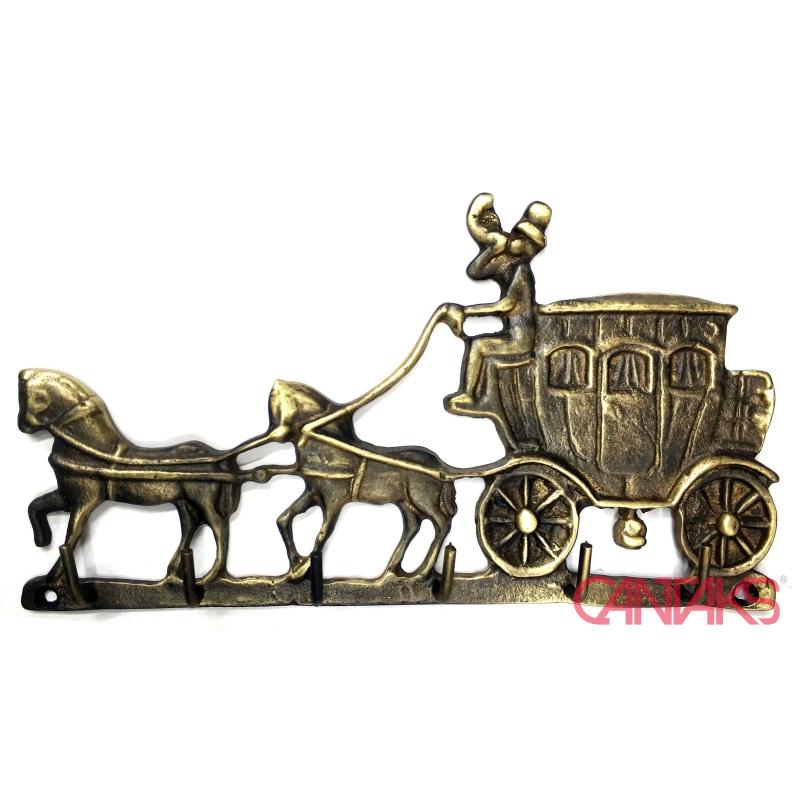 Fayton Askı, 210x84 mm - Pirinç, Retro, Vintage, Antika Stil Dört Atlı At Arabası Figürlü Rölyef Kabartma Askılık