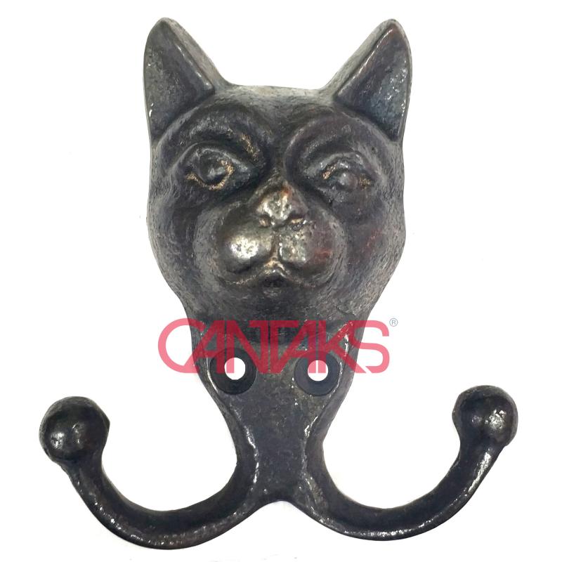 Kedi Kafası İkili Askı, 110x95 mm - Pirinç, Antik, Vintage, Rustik, Klasik ve Nostaljik Stil Kedi Portresi Askılık