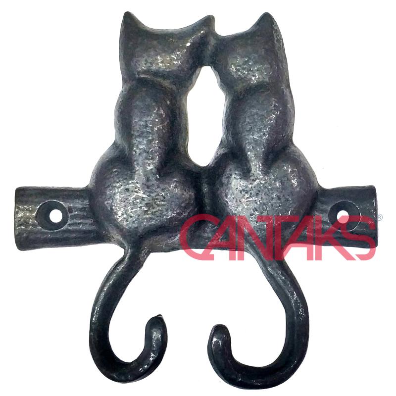Aşık Kediler İkili Askı, 120x115 mm | Pirinç, Vintage ve Rustik Stil Kakp Kuyruklu Kedi Askılık