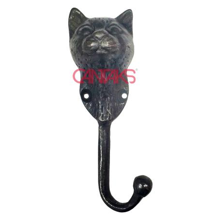 Kedi Kafası Uzun Askı, 140x47 mm - Pirinç, Vintage, Retro ve Rustik Kedi Portresi Tekli Askılık