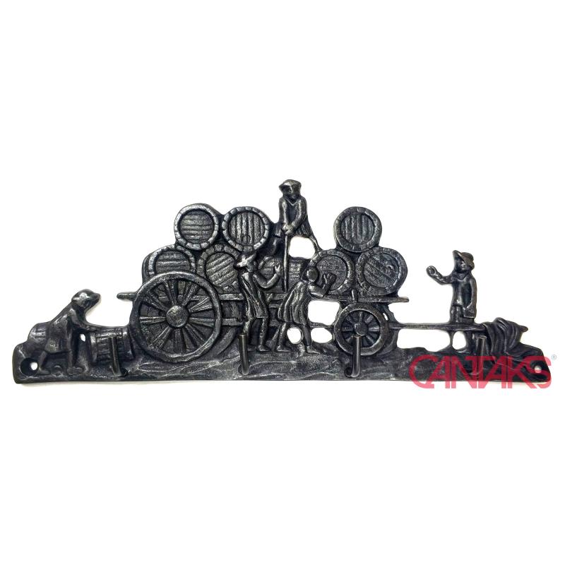 Vagon Yük Arabası Askı, 210x84 mm - Pirinç, Retro, Vintage, Antika Stil Fıçı Taşıyan Araba Figürlü Rölyef Kabartma Askılık 
